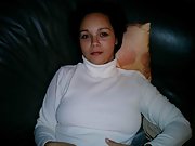 Brunette wife shows off her big tits and shaved pussy