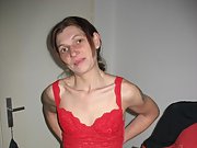 Brunette babe in red bra sucks and fucks her husband