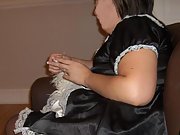 Shy brunette dresses in sexy french maid costume for lover