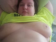 Pulling my soft tits out of my little yellow shirt