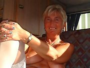 Mature babe shows off her big tits round ass and pussy outdoors