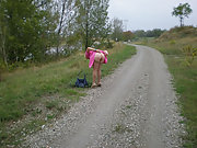 Kate flashing her body on a country lane showing lingerie off
