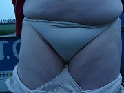 BBW wife shows her granny panties and tits outdoors