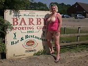 Barby in her own village naked flashing tits and pussy in public