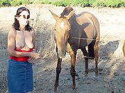 Sexy brunette feeds her horse outside and gets naked