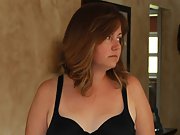 Chubby slut wife shows off in her bra and thong panties