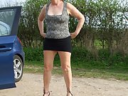 Wife gets out of car in mini skirt and shows her pussy