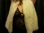 Black lingerie and white fur top, Big tits hanging out