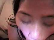 Hot asian cutie gets her dark hair and face covered in cum in bedroom